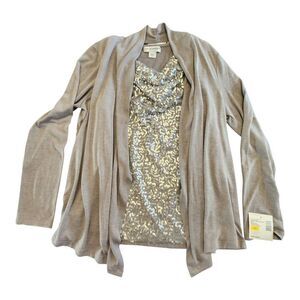 NWT SAGHARBOR Women's Medium Quarter Sleeve Cardigan Shirt Heathered Grey Sequin